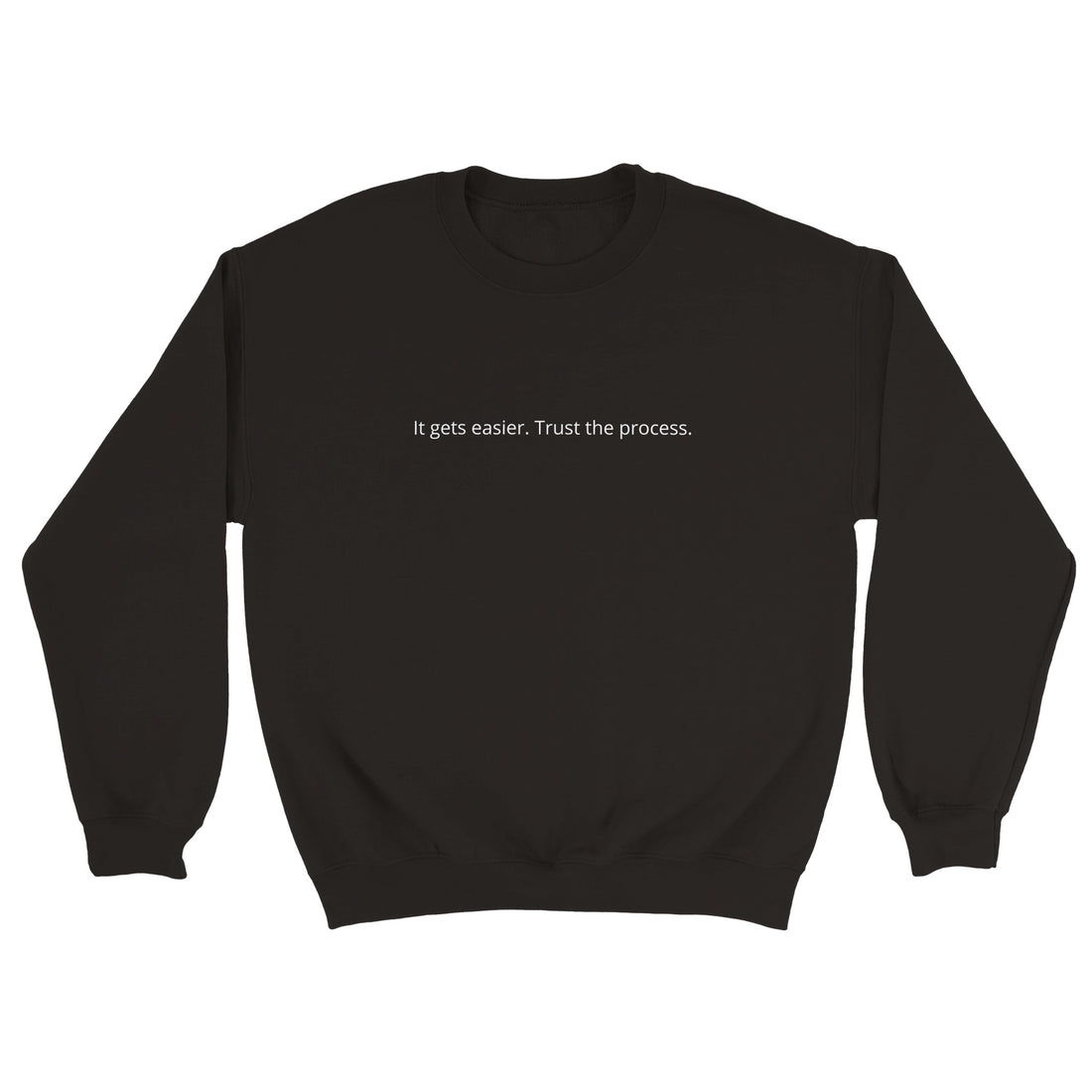 SJOYCE crewneck sweatshirt with printed message "It gets easier. Trust the process" in soft fabric, shown in a close-up image.