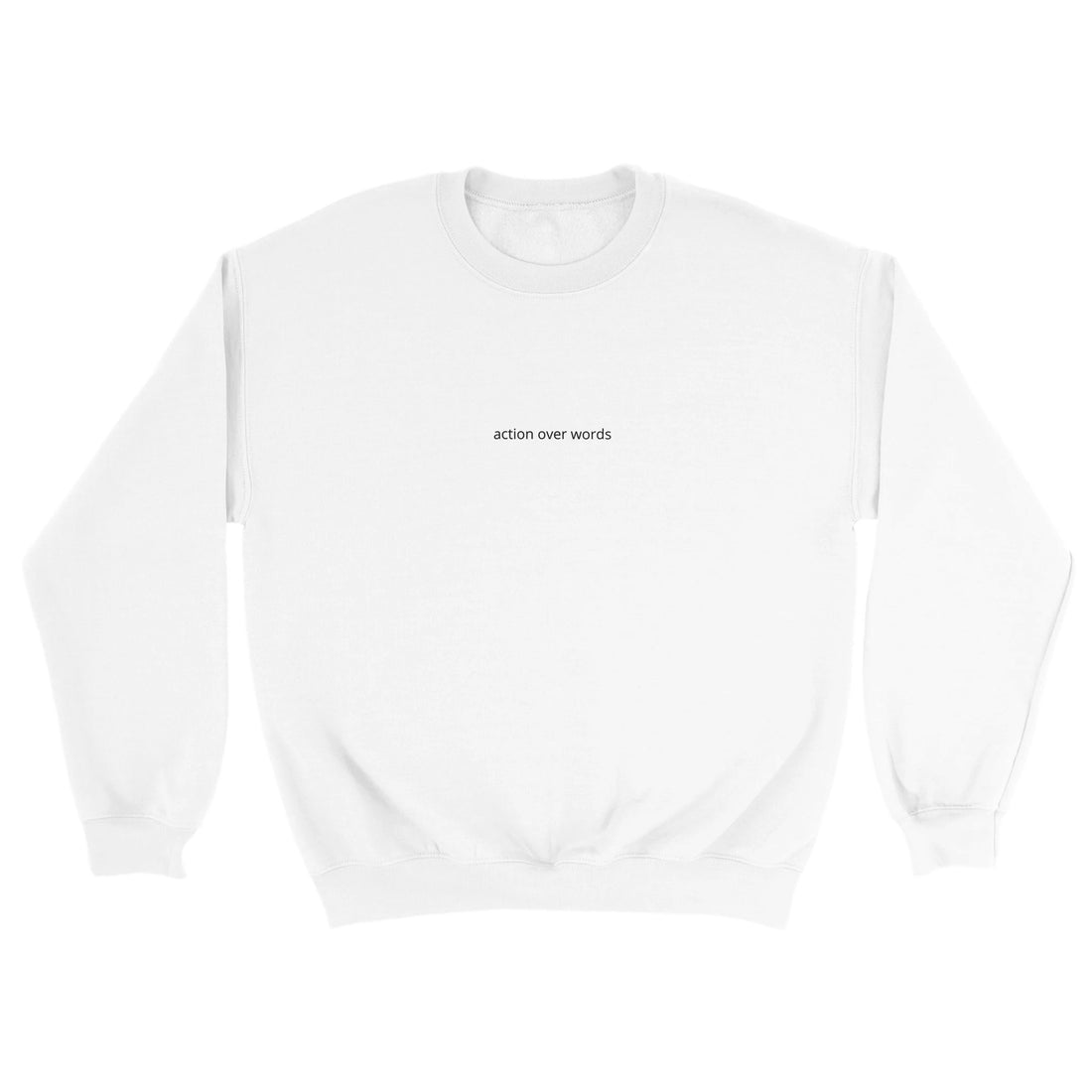 SJOYCE Action Over Words print pullover featuring bold text design on soft fabric, casual and stylish for everyday wear.