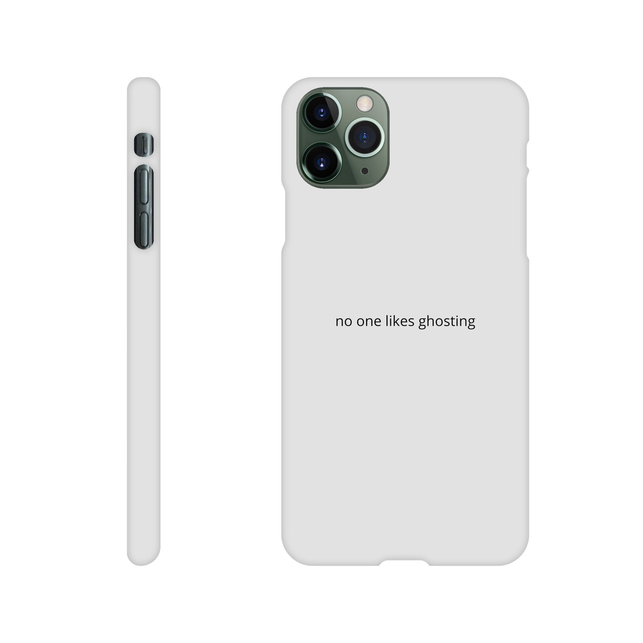 SJOYCE phone case with "no one likes ghosting" print, durable material, fits smartphone, featuring bold black text on a smooth surface.