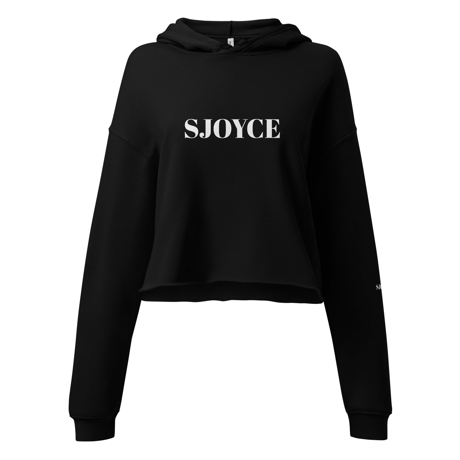 SJOYCE Crop Hoodie in black featuring a raw hem and stylish design, perfect for fashionable casual wear.